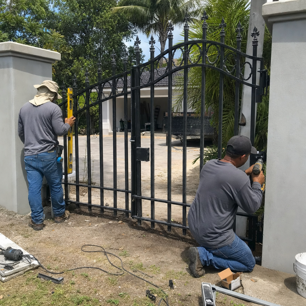Two professional contractors performing precision metal gate installation.