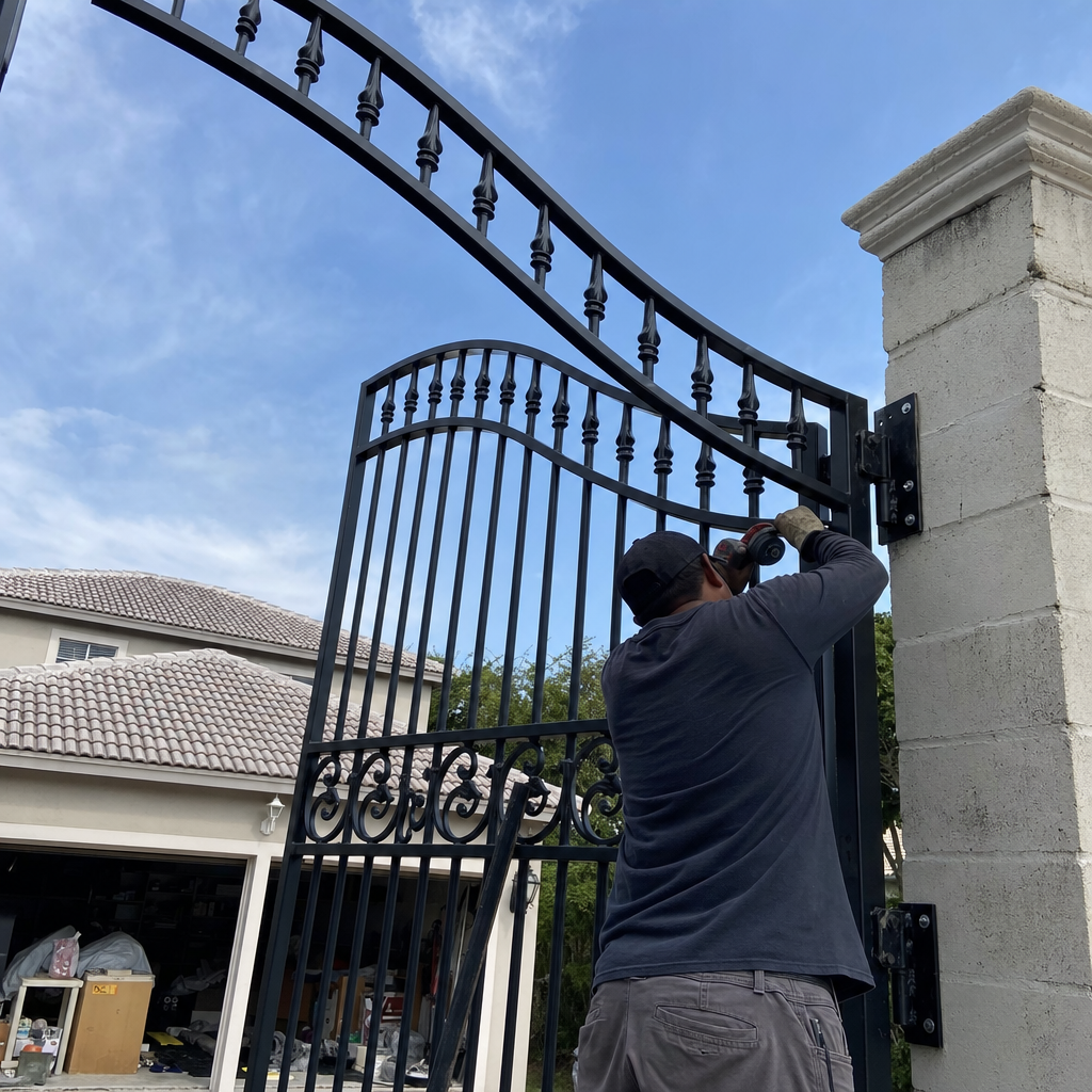 Professional technician installing a custom wrought iron gate with power tools