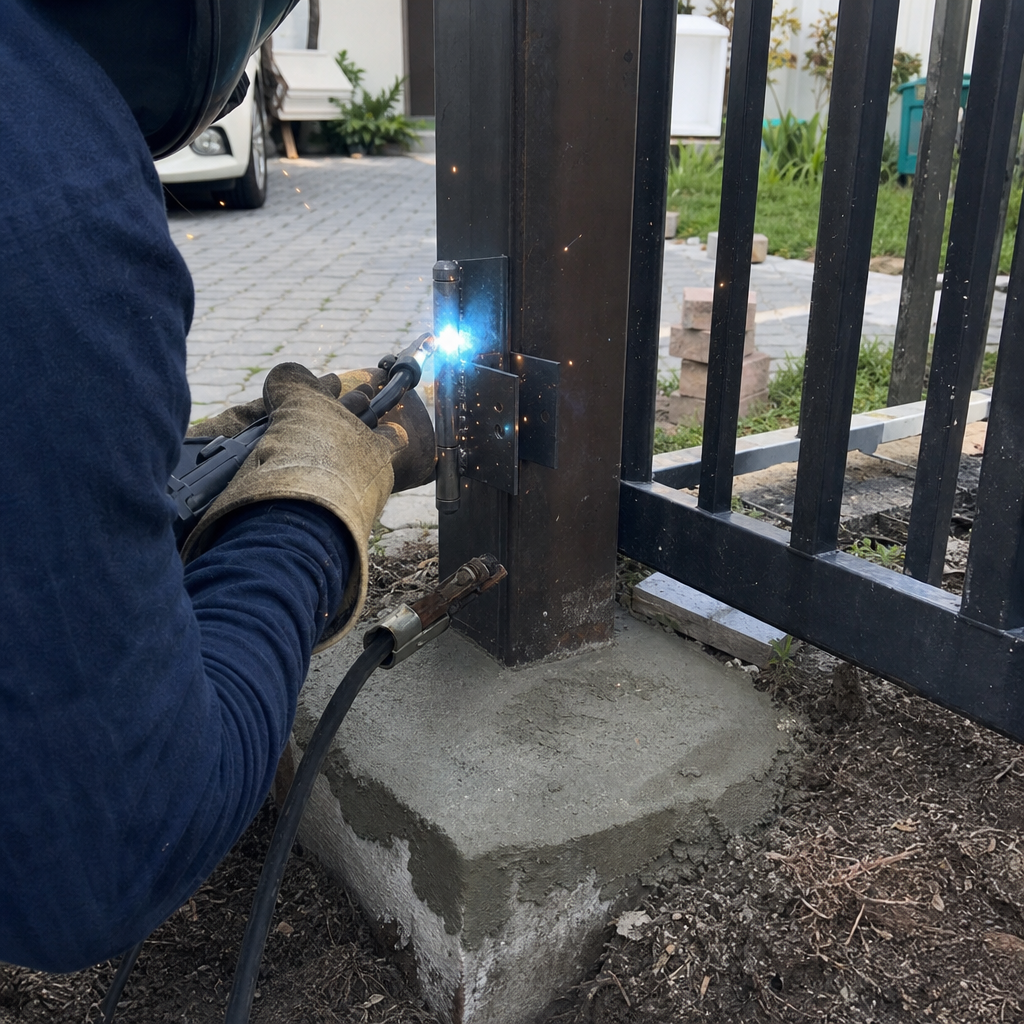 Professional welder installing a metal gate hinge on a fence post