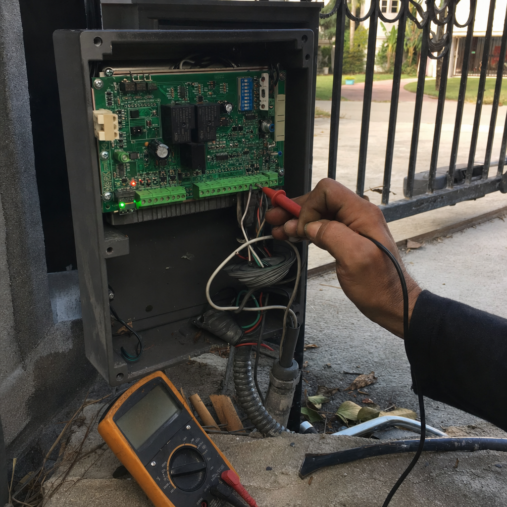 Technician using a multimeter to repair an electronic gate motor controller