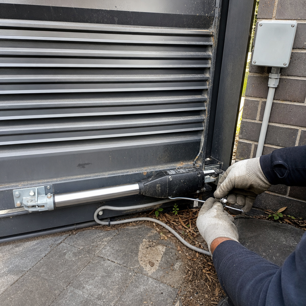 Technician performing automatic gate motor and opener repair service