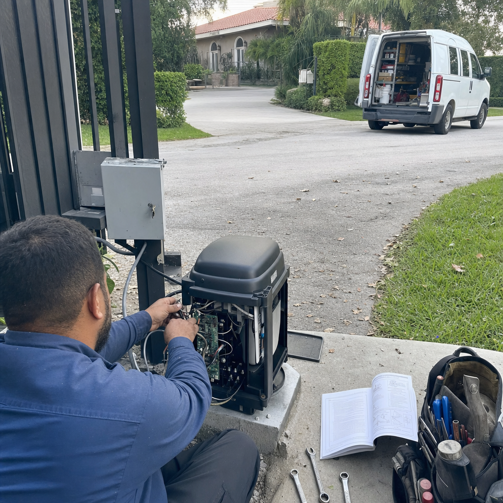 Technician performing professional gate motor repair and maintenance