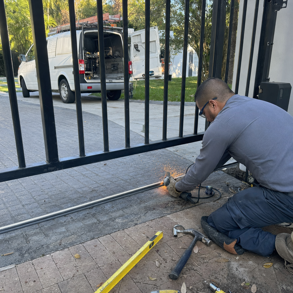 Technician using an angle grinder for professional metal gate repair