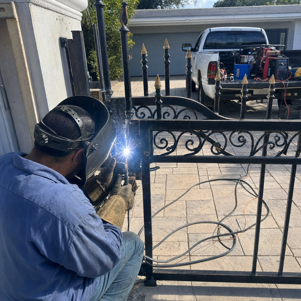 A welder performing professional decorative metal gate repair and welding service.