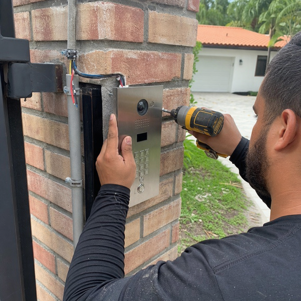 Technician installing a gate access control keypad on a brick pillar in Miami, FL