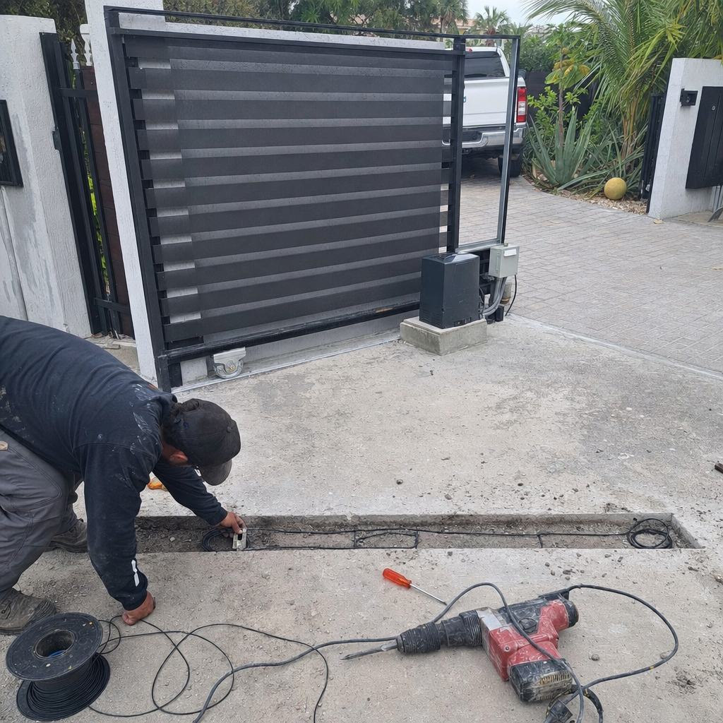 Technician installing underground loop detector wiring for automated gate access control in Miami, FL
