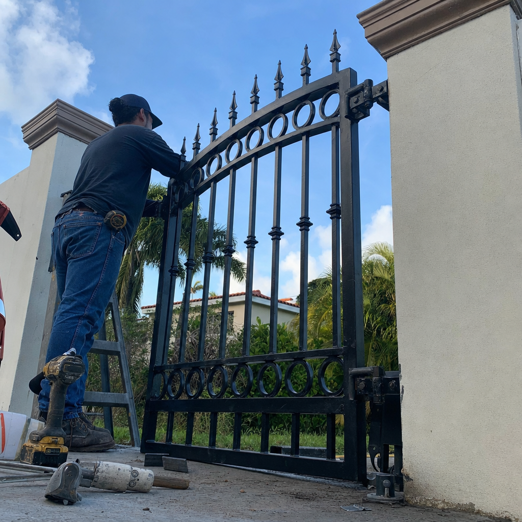Professional contractor installing a decorative black metal gate