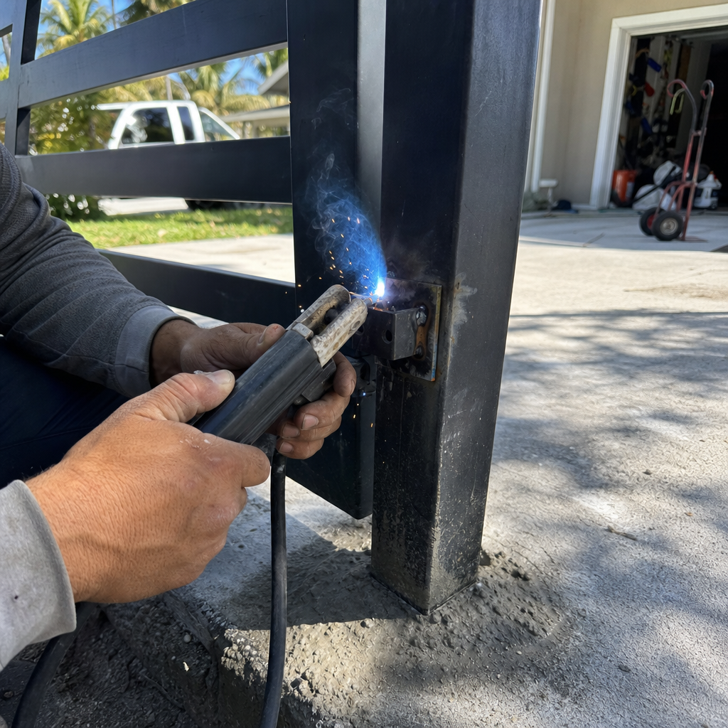 Welder performing professional metal gate hinge repair and installation