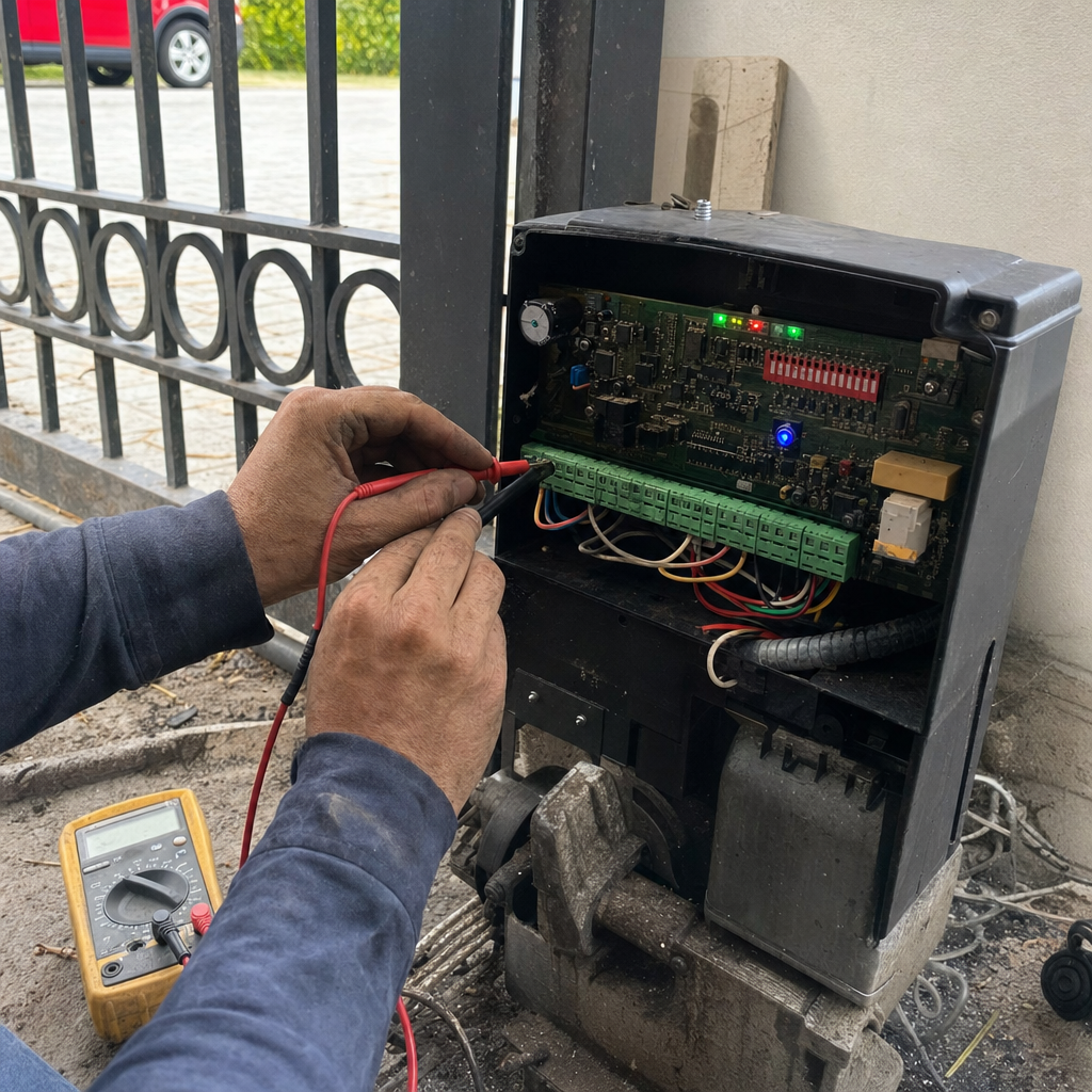 Technician testing automatic gate motor circuitry with a multimeter