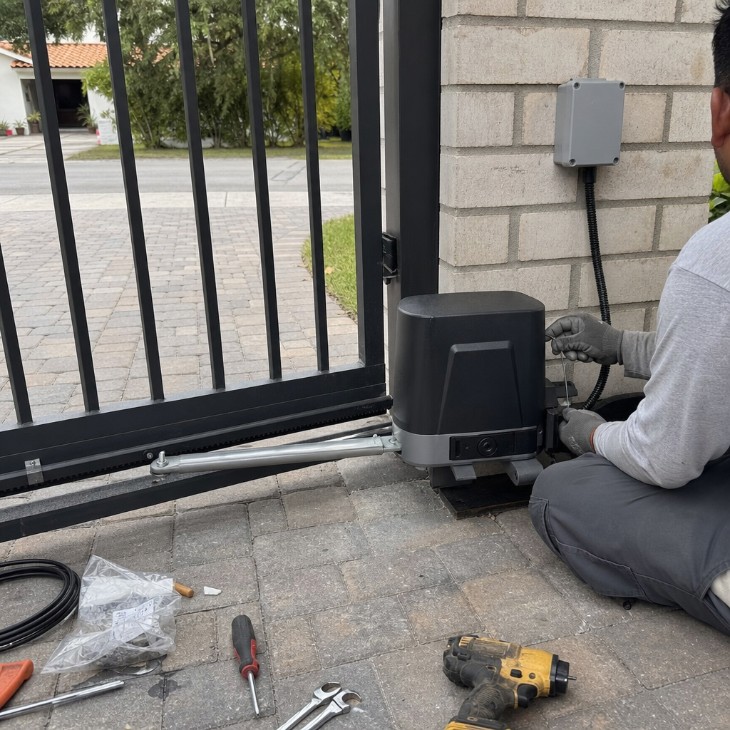 Technician installing a residential automatic gate motor and opener