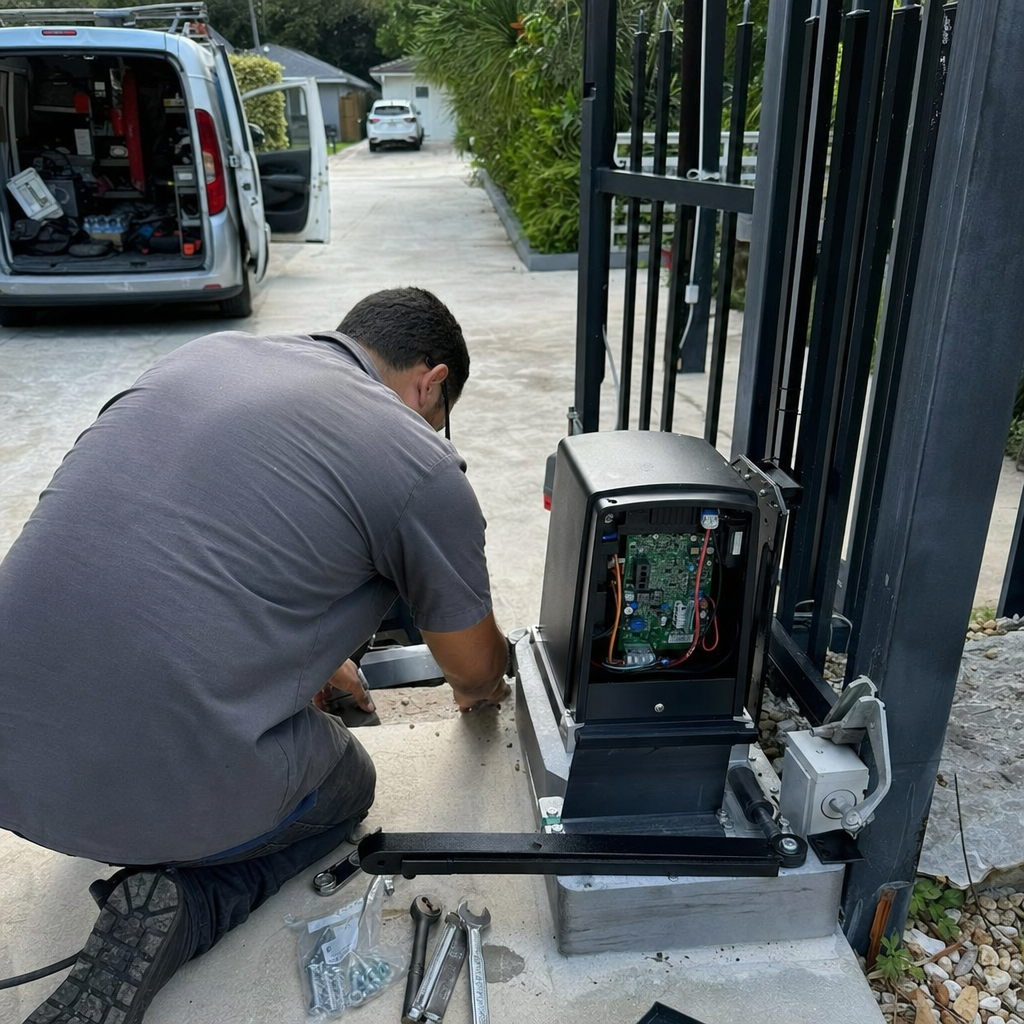 Technician performing professional gate motor and opener repair service