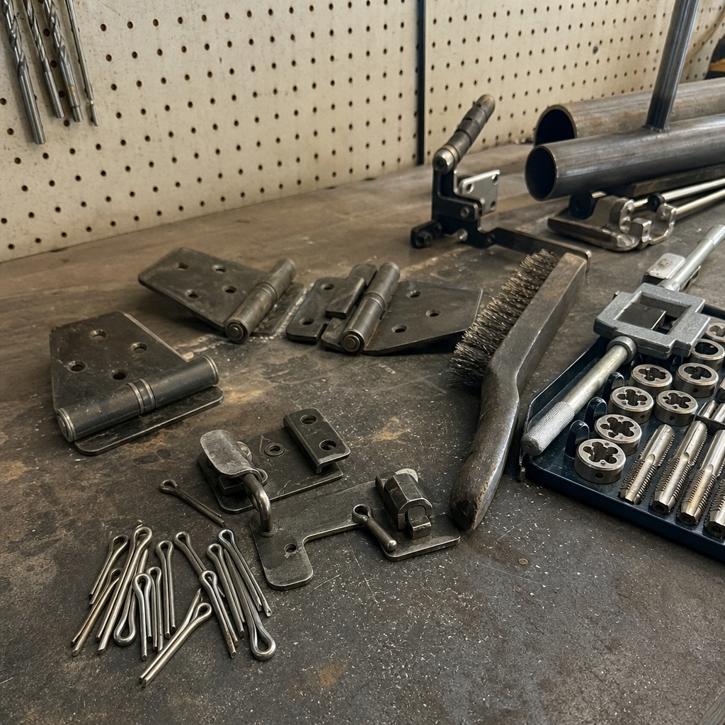 Assortment of metal gate hinges and fabrication welding tools on workbench in Miami, FL