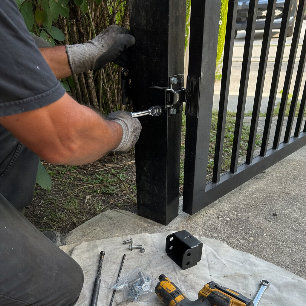 Technician performing professional metal gate latch repair and installation