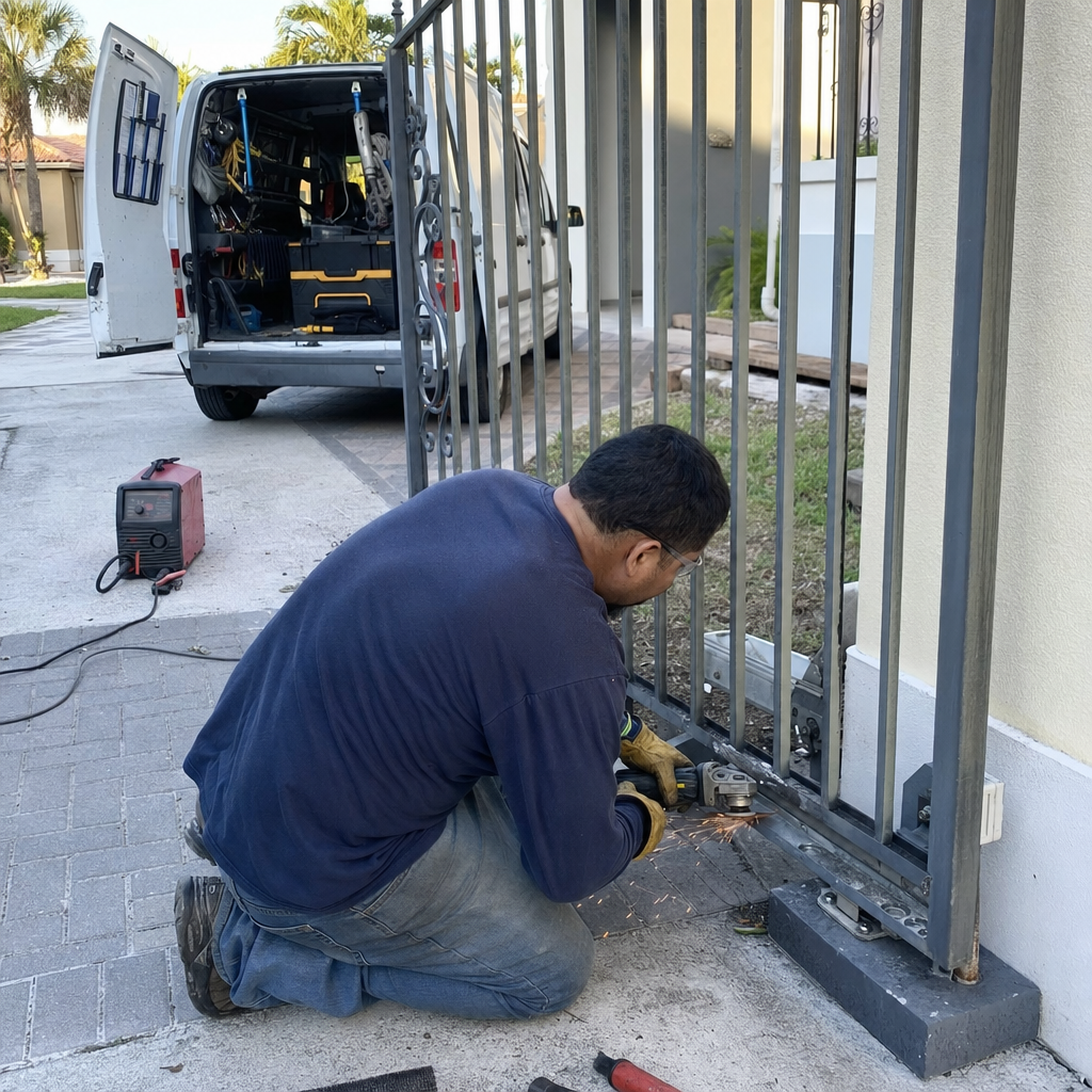 Technician using an angle grinder for professional gate repair and maintenance