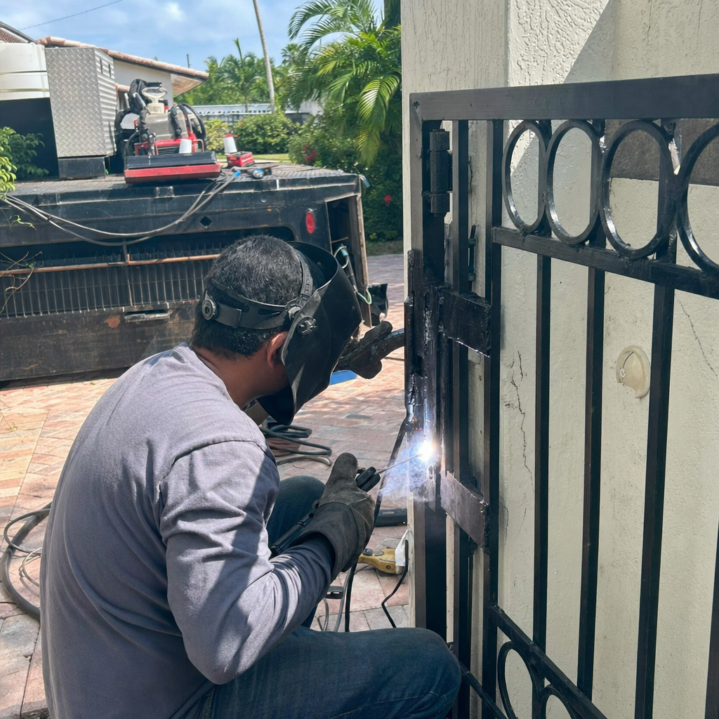 Professional welder performing metal gate repair and hinge installation